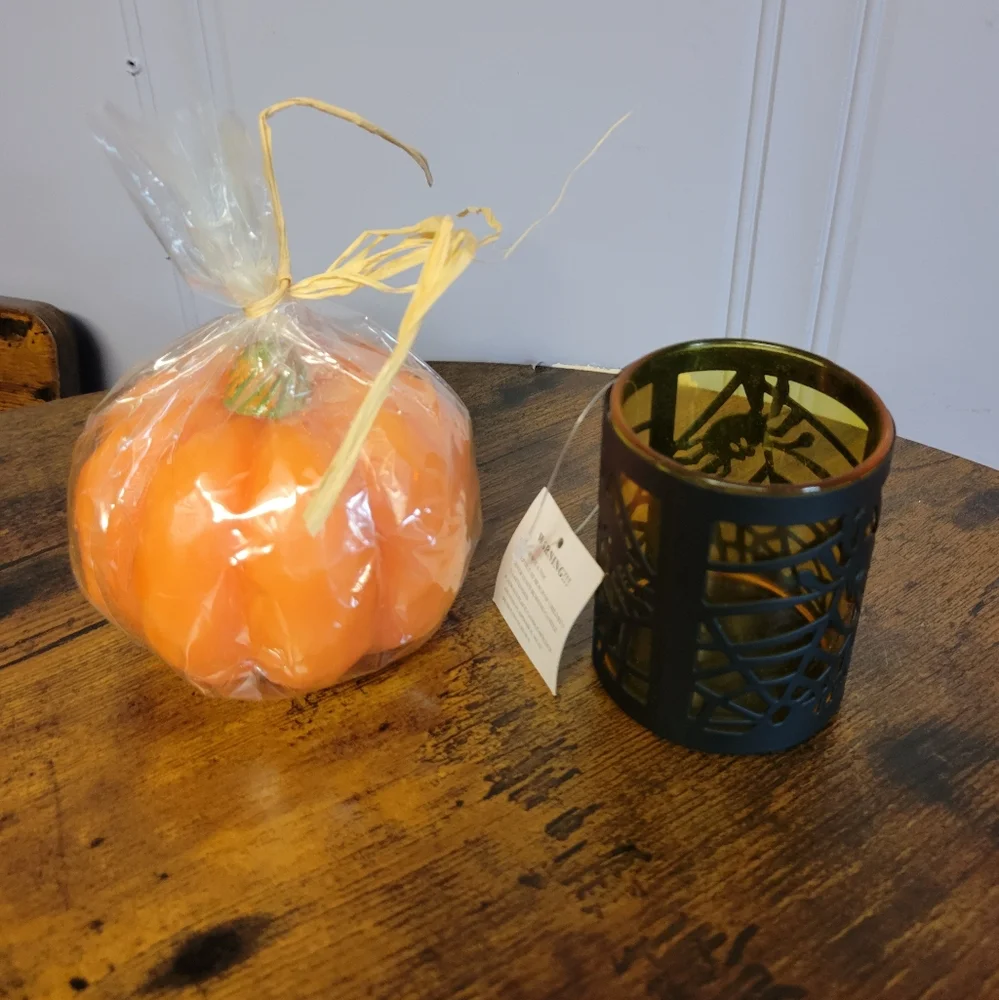 Halloween items, metal/glass spider candle holder & pumkin candle
